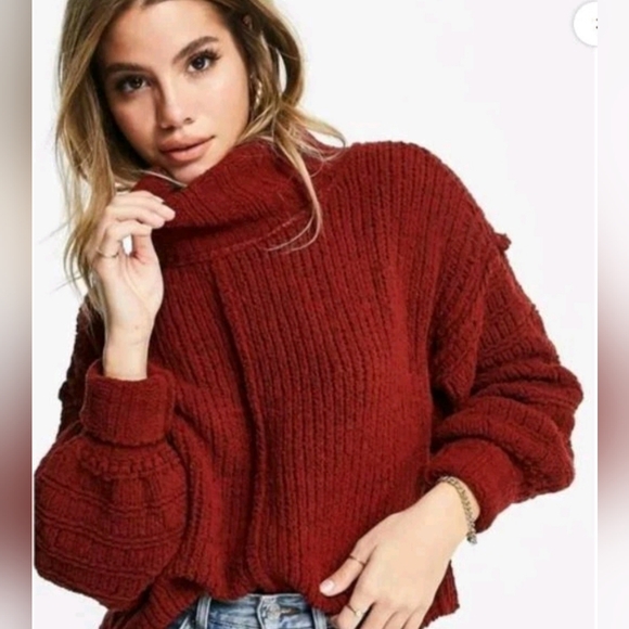 NWTs Free People Sweet Cranberry Be Yours Pullover Cowl Neck Sweater Cropped XL - Picture 2 of 9
